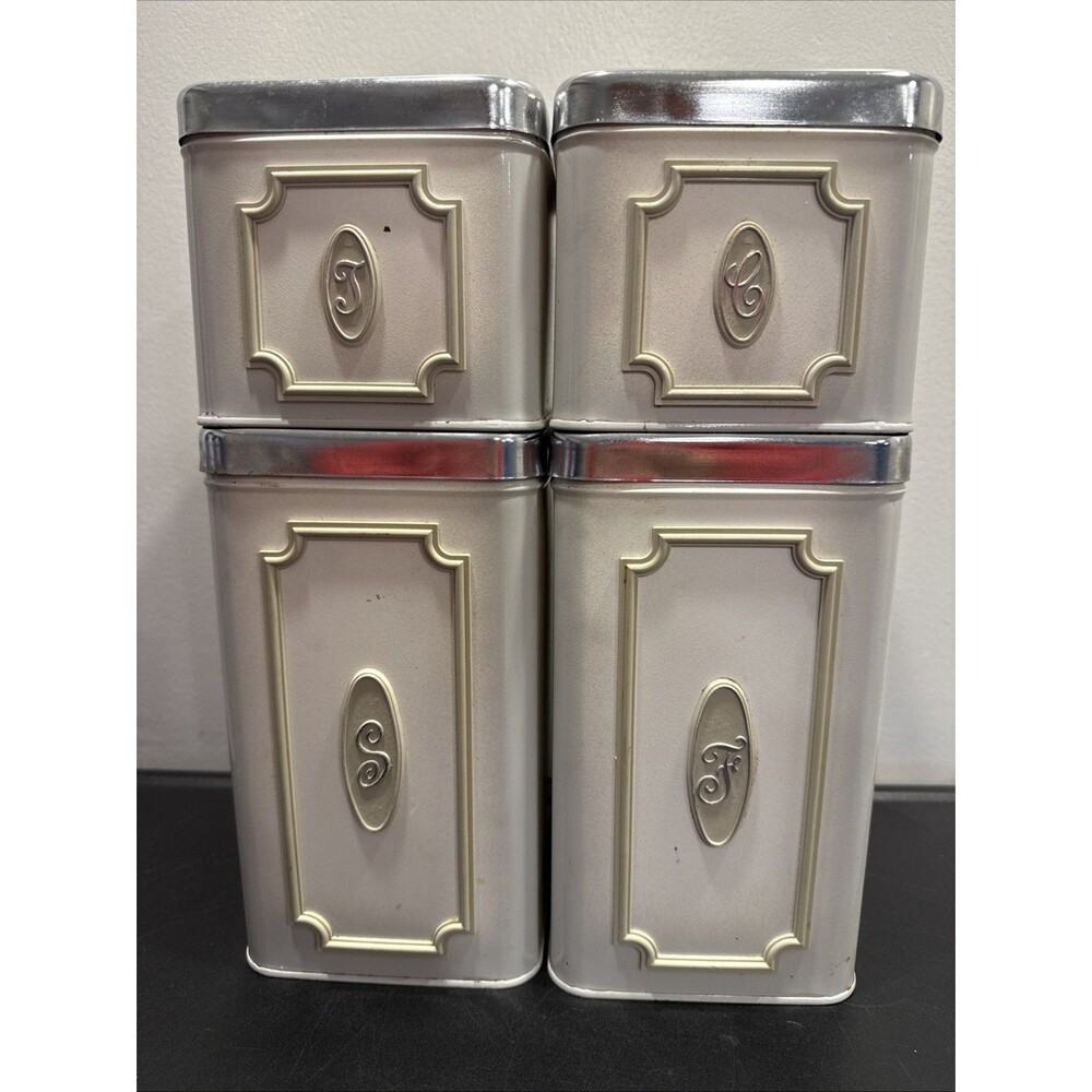 EKCO Canada Vintage Metal MCM Kitchen Canister Set Of 4 White Silver Green Trim